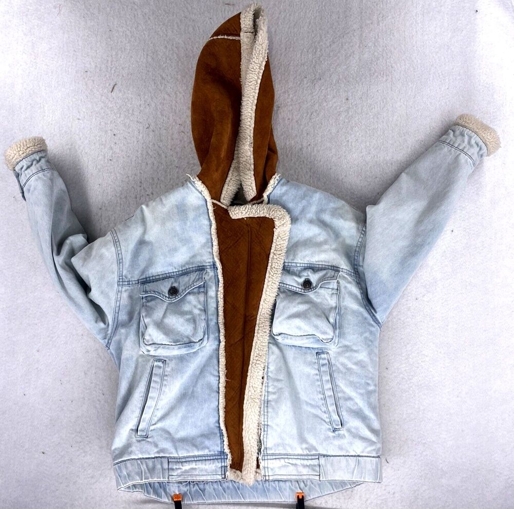 Levi's Sherpa Lined Denim Jacket Medium Blue Jean Faux Suede Hood Distressed 90s